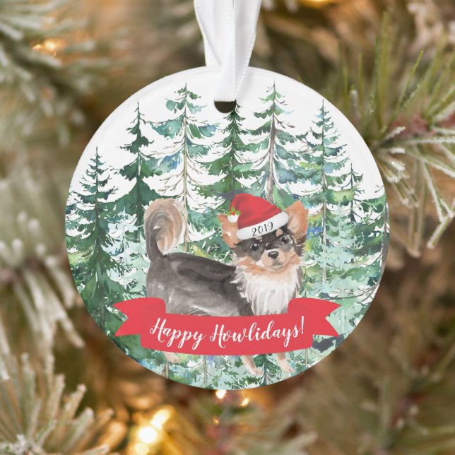 Happy Howlidays Long Haired Chihuahua Christmas Ornament (Tree)