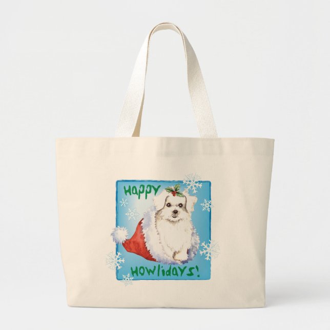 Happy Howlidays Maltese Large Tote Bag (Front)