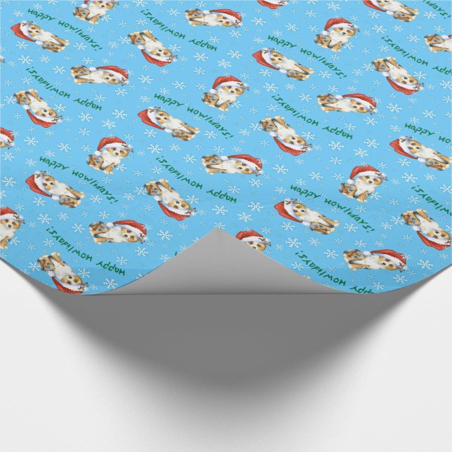 Happy Howlidays Mini American Shepherd Wrapping Paper (Corner)