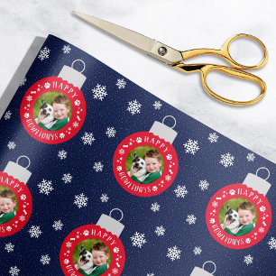 Happy Howlidays Navy and Red Custom Dog Photo Wrapping Paper