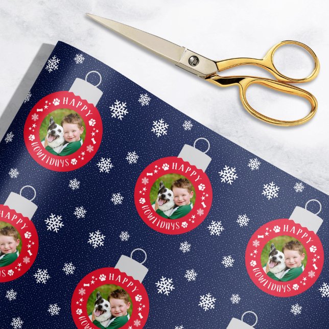 Happy Howlidays Navy and Red Custom Dog Photo Wrapping Paper (Creator Uploaded)