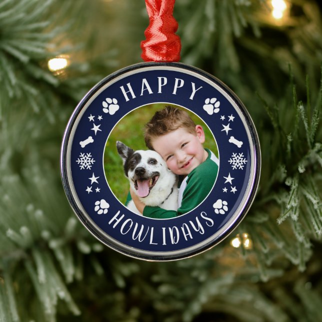 Happy Howlidays Navy Blue Custom Dog Photo Metal Ornament (Tree)