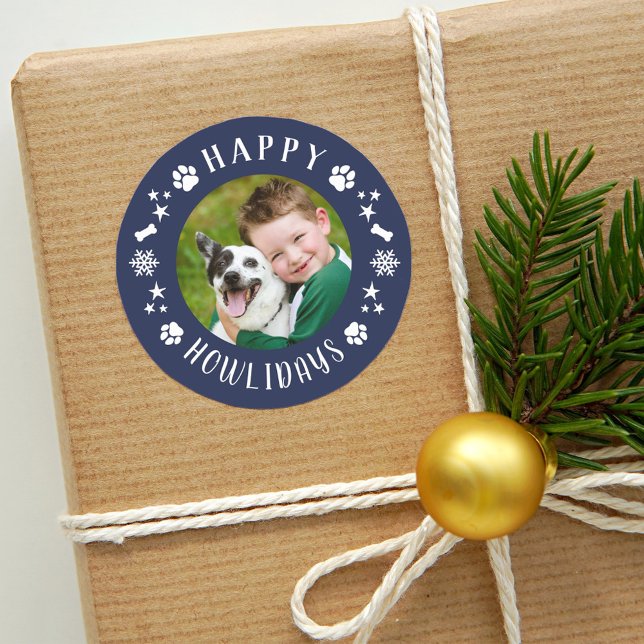 Happy Howlidays Navy Pet Dog Photo Classic Round Sticker (Creator Uploaded)