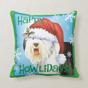 Happy Howlidays Old English Sheepdog Throw Pillow