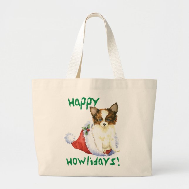 Happy Howlidays Papillon Large Tote Bag (Front)