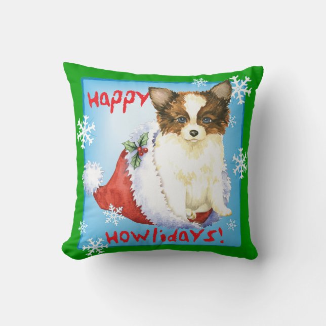 Happy Howlidays Papillon Throw Pillow (Front)
