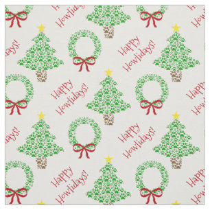 Happy Howlidays Paw Print Christmas Trees & Wreath Fabric