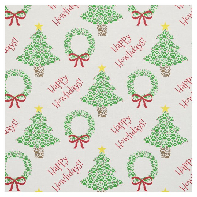 Happy Howlidays Paw Print Christmas Trees & Wreath Fabric (Swatch)