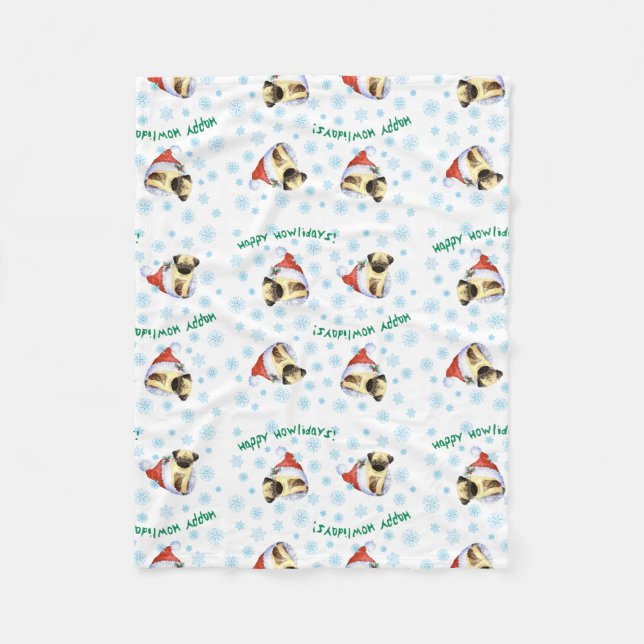 Happy Howlidays Pug Fleece Blanket (Front)
