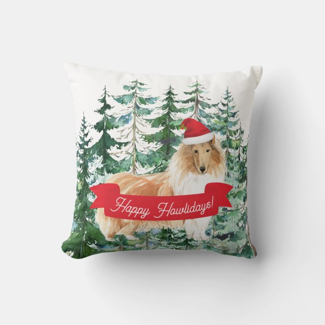 Happy Howlidays Rough Collie Dog Christmas Throw Pillow (Front)