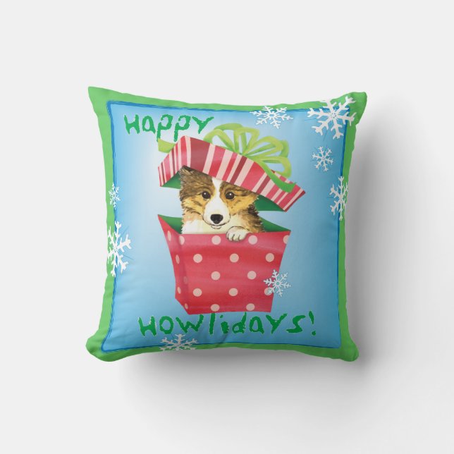 Happy Howlidays Sheltie Throw Pillow (Front)