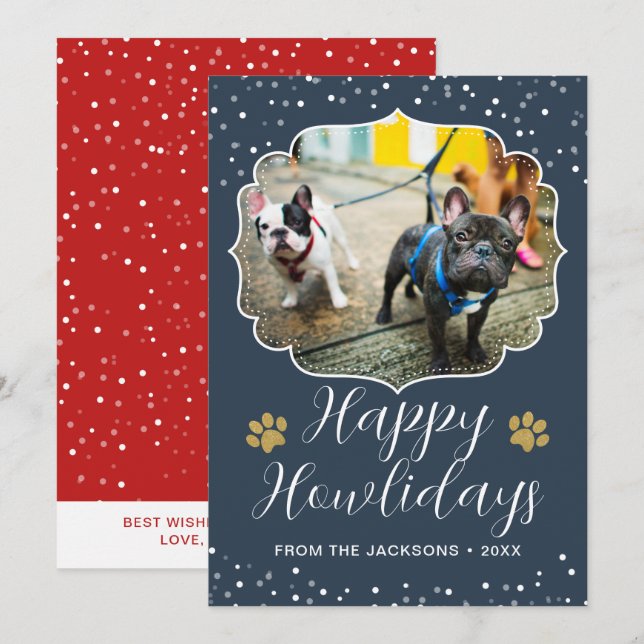 Happy Howlidays White Script Pet Dog Photo Holiday Card (Front/Back)