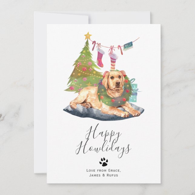 Happy Howlidays Yellow Labrador Dog Christmas Holiday Card (Front)