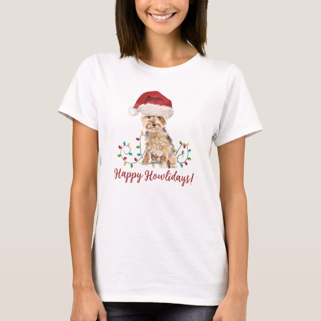Happy Howlidays Yorkshire Terrier Santa Hat T-Shirt (Front)