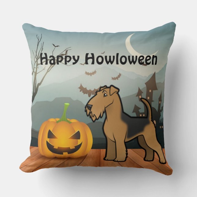 Happy Howloween Airedale Terrier Throw Pillow (Front)
