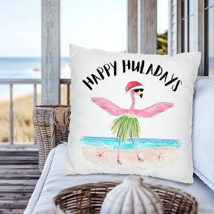 Happy Huladays Flamingo Tropical Beach Christmas Throw Pillow