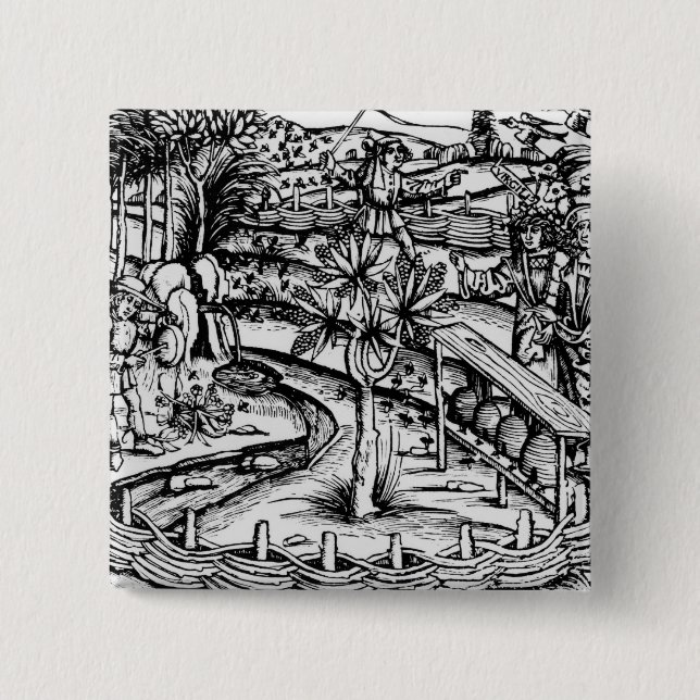 Happy husbandsmen tending bees, illustration from 2 inch square button (Front)