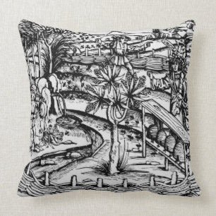 Happy husbandsmen tending bees, illustration from throw pillow