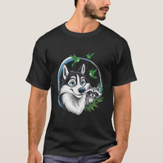 Happy Husky with Raccoon and Hummingbirds T-Shirt