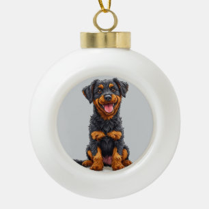 Happy Illustration of a Black and Tan Dog Ceramic Ball Christmas Ornament