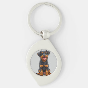 Happy Illustration of a Black and Tan Dog Keychain