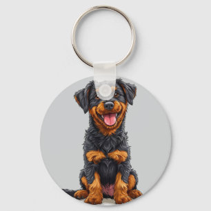 Happy Illustration of a Black and Tan Dog Keychain