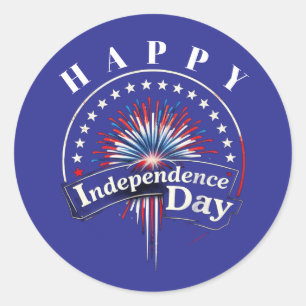 "HAPPY Independence Day" Fireworks and Stars  Classic Round Sticker