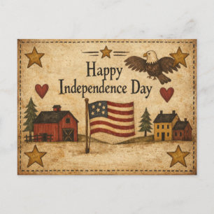 Happy Independence Day Primitive Folk Art Holiday Postcard