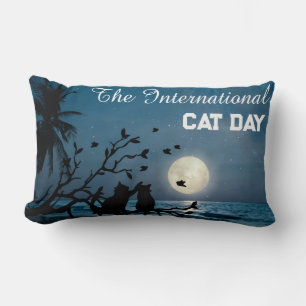 Happy International Cat Day Black Cat Under Moon Lumbar Pillow