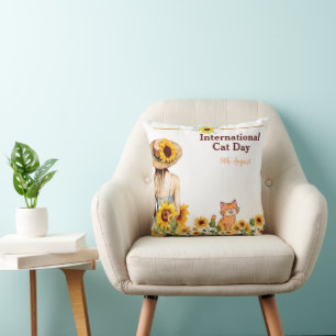 Happy International Cat Day Orange Tabby Sunflower Throw Pillow