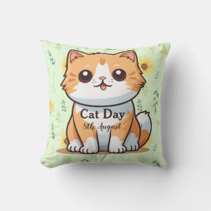 Happy International Cat Day Orange Tabby Sunflower Throw Pillow