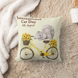 Happy International Cat Day Orange Tabby Sunflower Throw Pillow