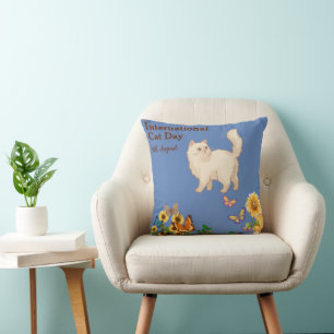 Happy International Cat Day Orange Tabby Sunflower Throw Pillow