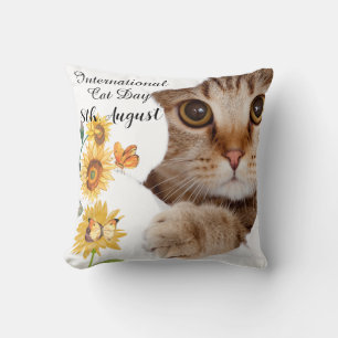 Happy International Cat Day Orange Tabby Sunflower Throw Pillow