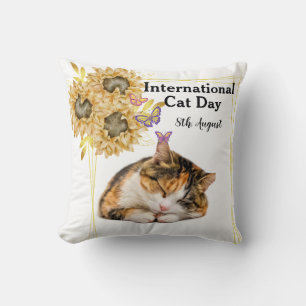 Happy International Cat Day Orange Tabby Sunflower Throw Pillow