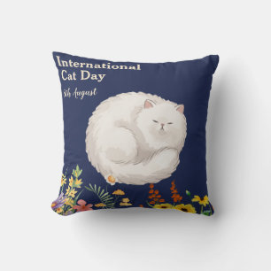 Happy International Cat Day Orange Tabby Sunflower Throw Pillow