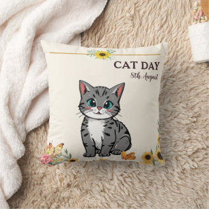 Happy International Cat Day Orange Tabby Sunflower Throw Pillow