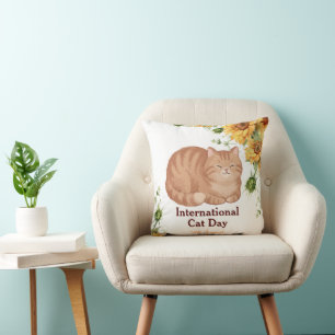 Happy International Cat Day Orange Tabby Sunflower Throw Pillow