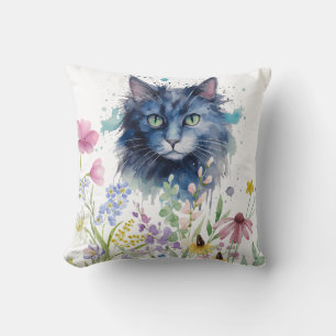 Happy International Cat Day Watercolor Wildflower Throw Pillow