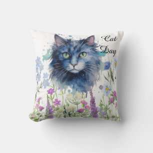 Happy International Cat Day Watercolor Wildflower Throw Pillow