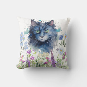 Happy International Cat Day Watercolor Wildflower Throw Pillow