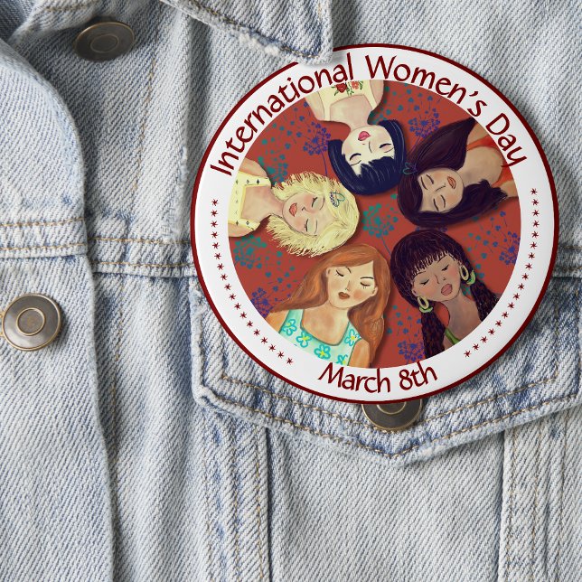 Happy International Women's Day Portrait Red 4 Inch Round Button (Happy International Women's Day Portrait Red Button)