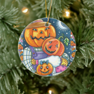 HAPPY JACK O LANTERN FAMILY, COLORFUL AND CUTE CERAMIC ORNAMENT