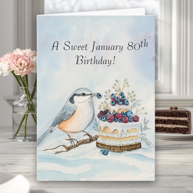 Happy January 80th Birthday Nuthatch Bird Card (Creator Uploaded)