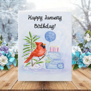 Happy January Birthday Cardinal with Birthday Cake Card