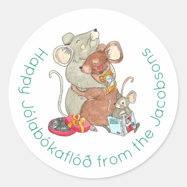 Happy Jolabokaflod Mouse Family Holiday Classic Round Sticker (Front)