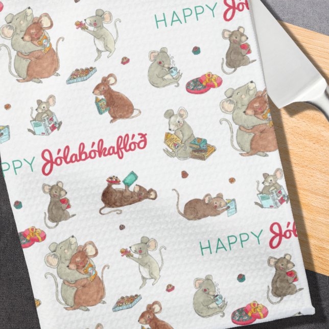 Happy Jolabokaflod Mouse Family Holiday Kitchen Towel (Creator Uploaded)