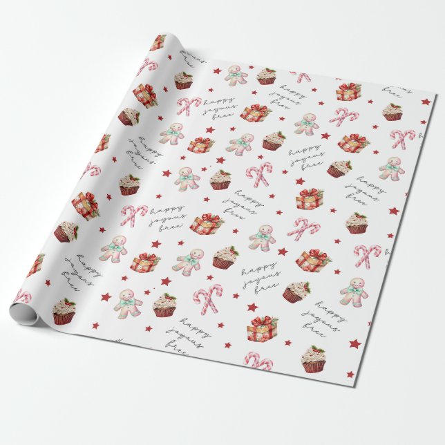 Happy Joyous Free Cute Christmas Gift Wrapping Paper (Unrolled)