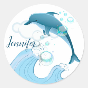 Happy Jumping Dolphin with Bubbles Classic Round Sticker