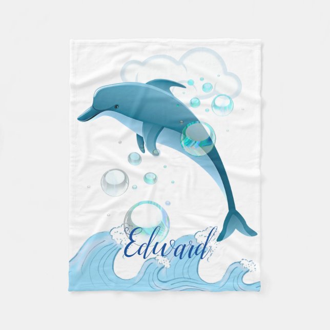 Happy Jumping Dolphin with Bubbles Fleece Blanket (Front)